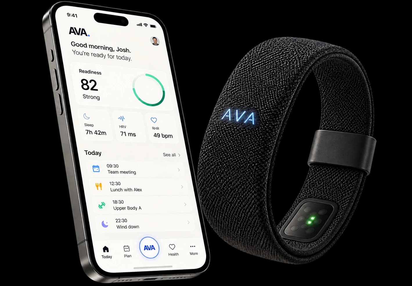 AVA screenless woven band floating in front of a phone showing the AVA readiness and daily-plan app