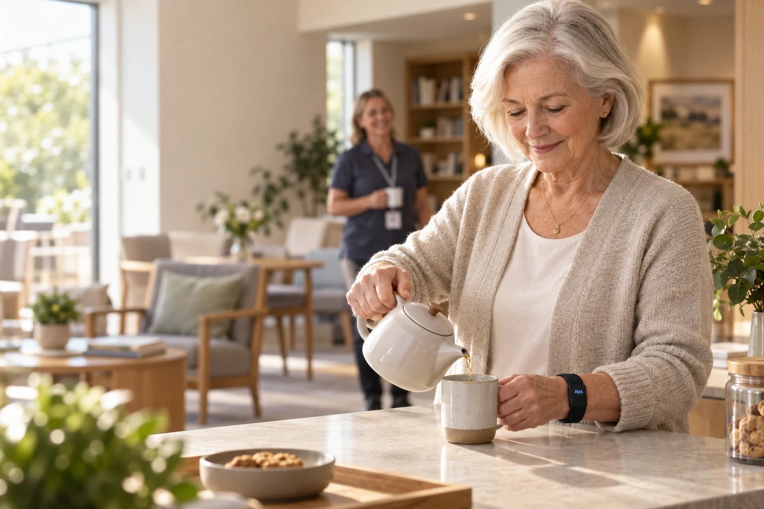 An independent older adult wearing AVA while preparing tea, with a care team member nearby